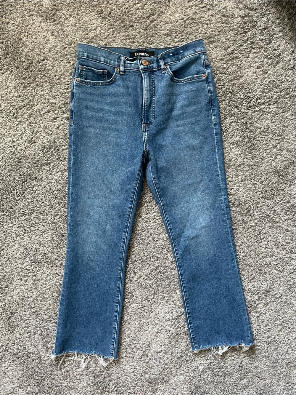 Express Mid Blue Skinny Jeans with Frayed Hem